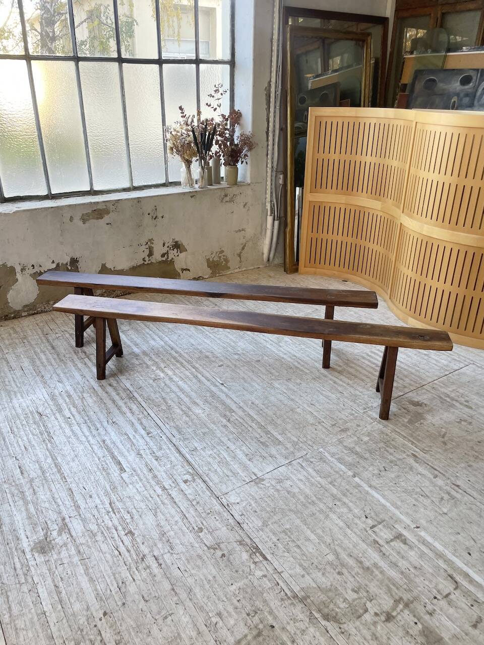 Pair of benches in walnut and solid oak 230 cm