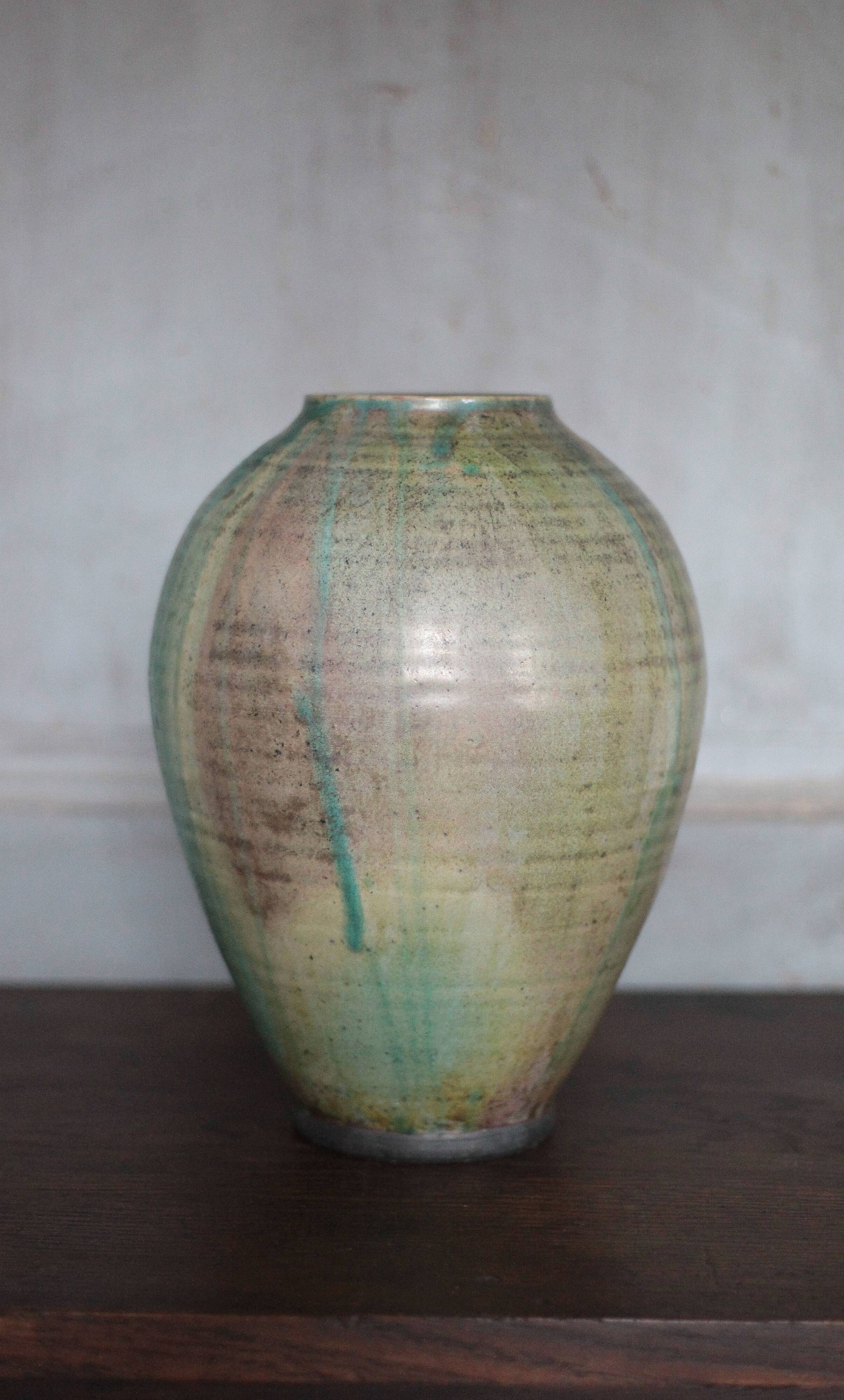 Glazed green ceramic vase signed AB, pottery, flower pot, vase.