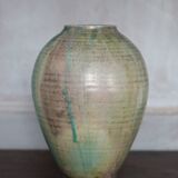 Glazed green ceramic vase signed AB, pottery, flower pot, vase.
