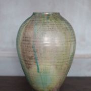 Glazed green ceramic vase signed AB, pottery, flower pot, vase.