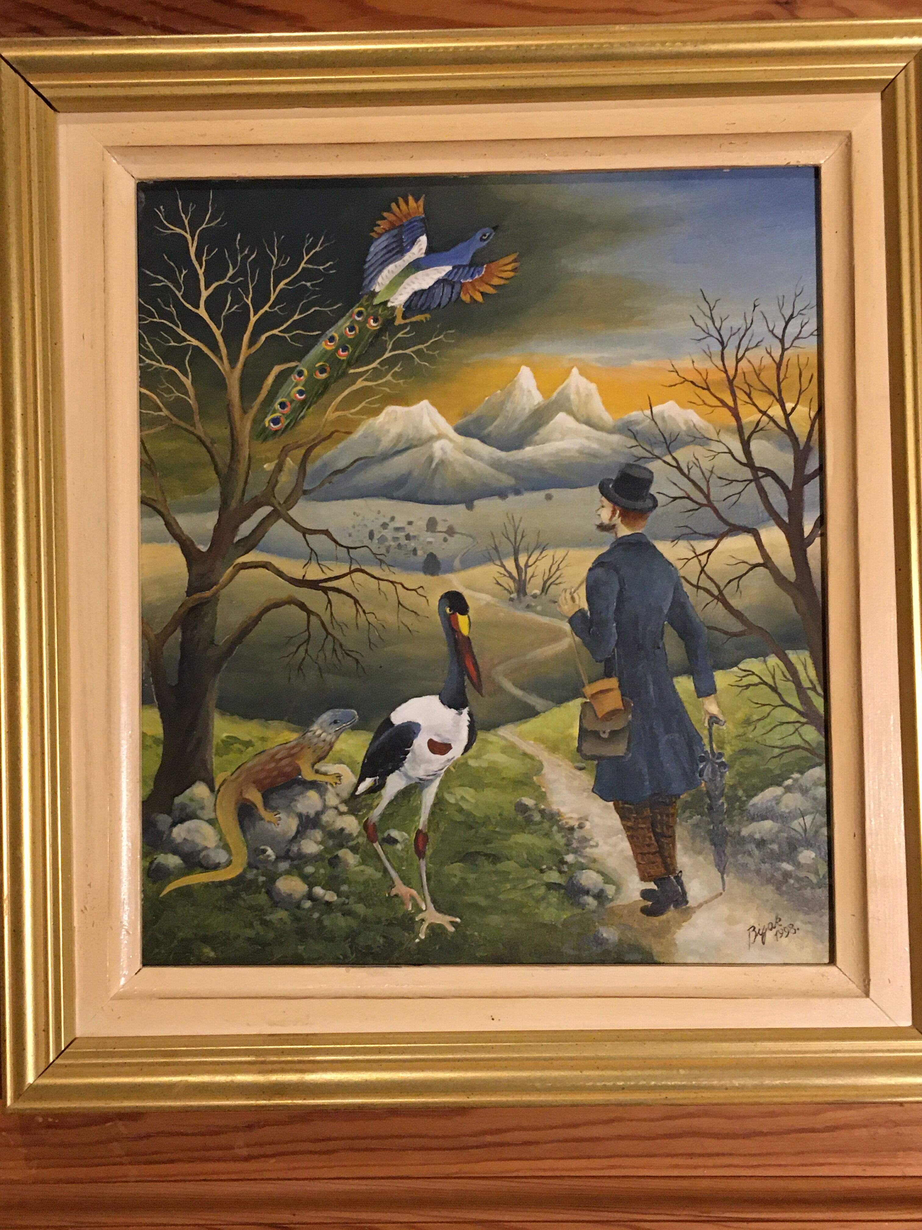 Painting of a character on his way to the mountains accompanied by exotic animals
