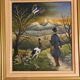 Painting of a character on his way to the mountains accompanied by exotic animals