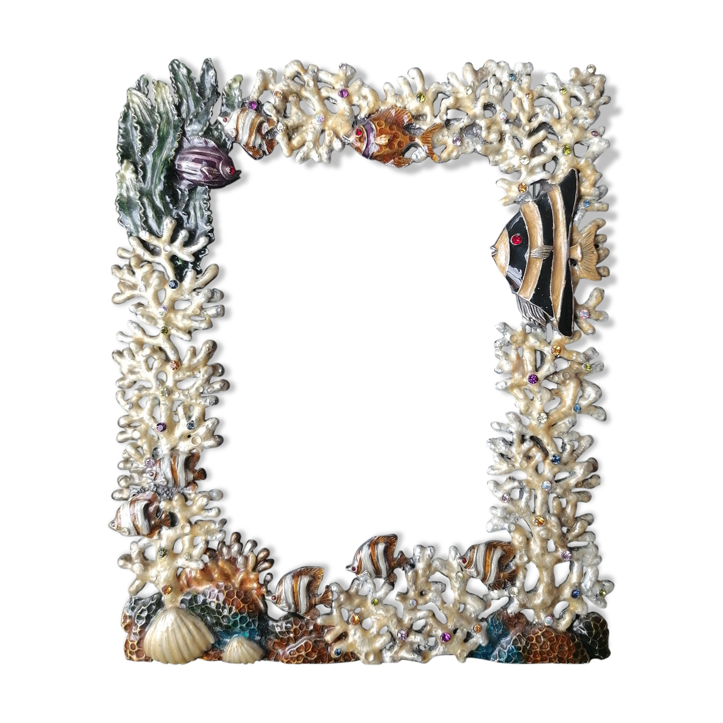 Enamelled metal photo frame. Fish décor. Perfect condition