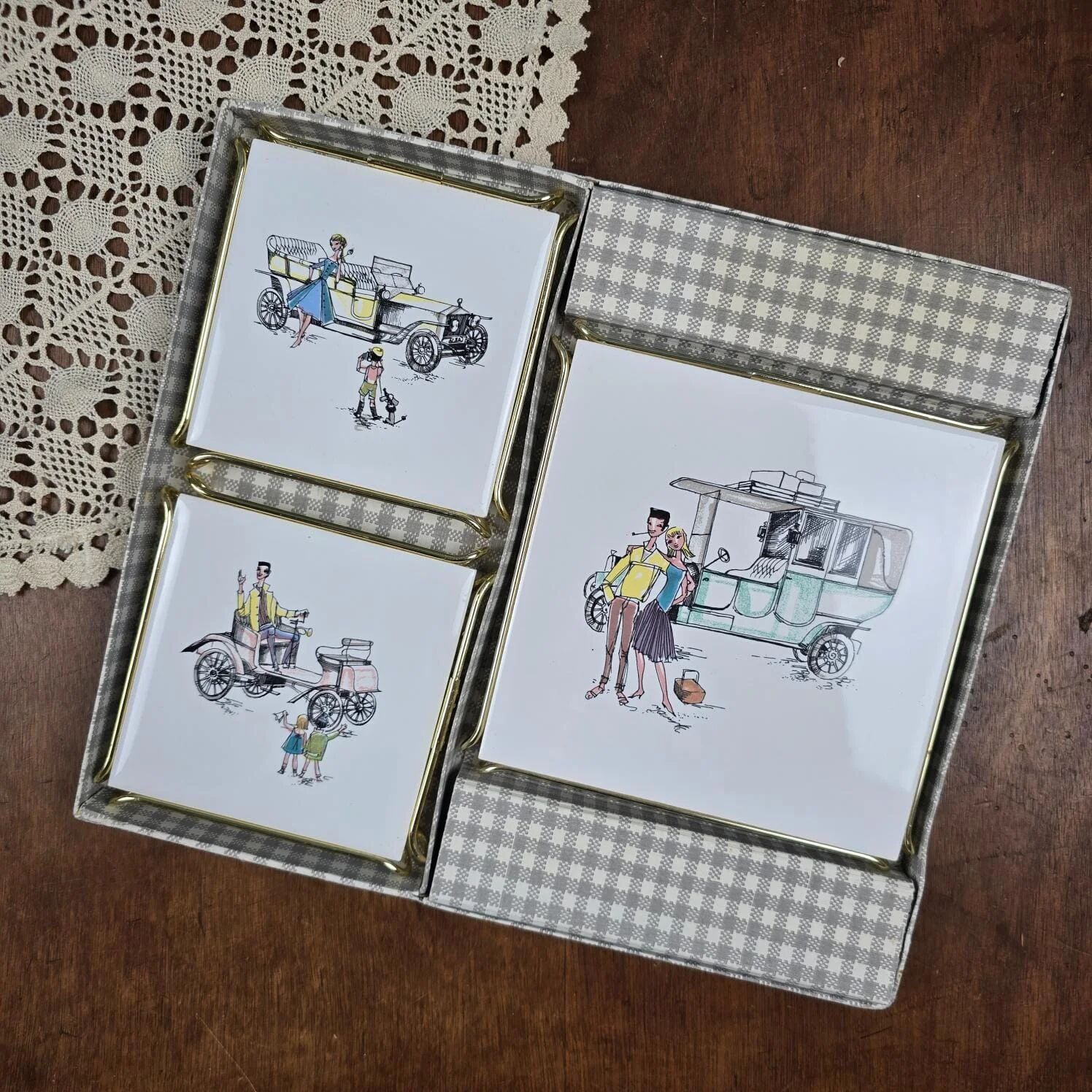 Set of 3 vintage Gien trivets – Retro car, child & couple design