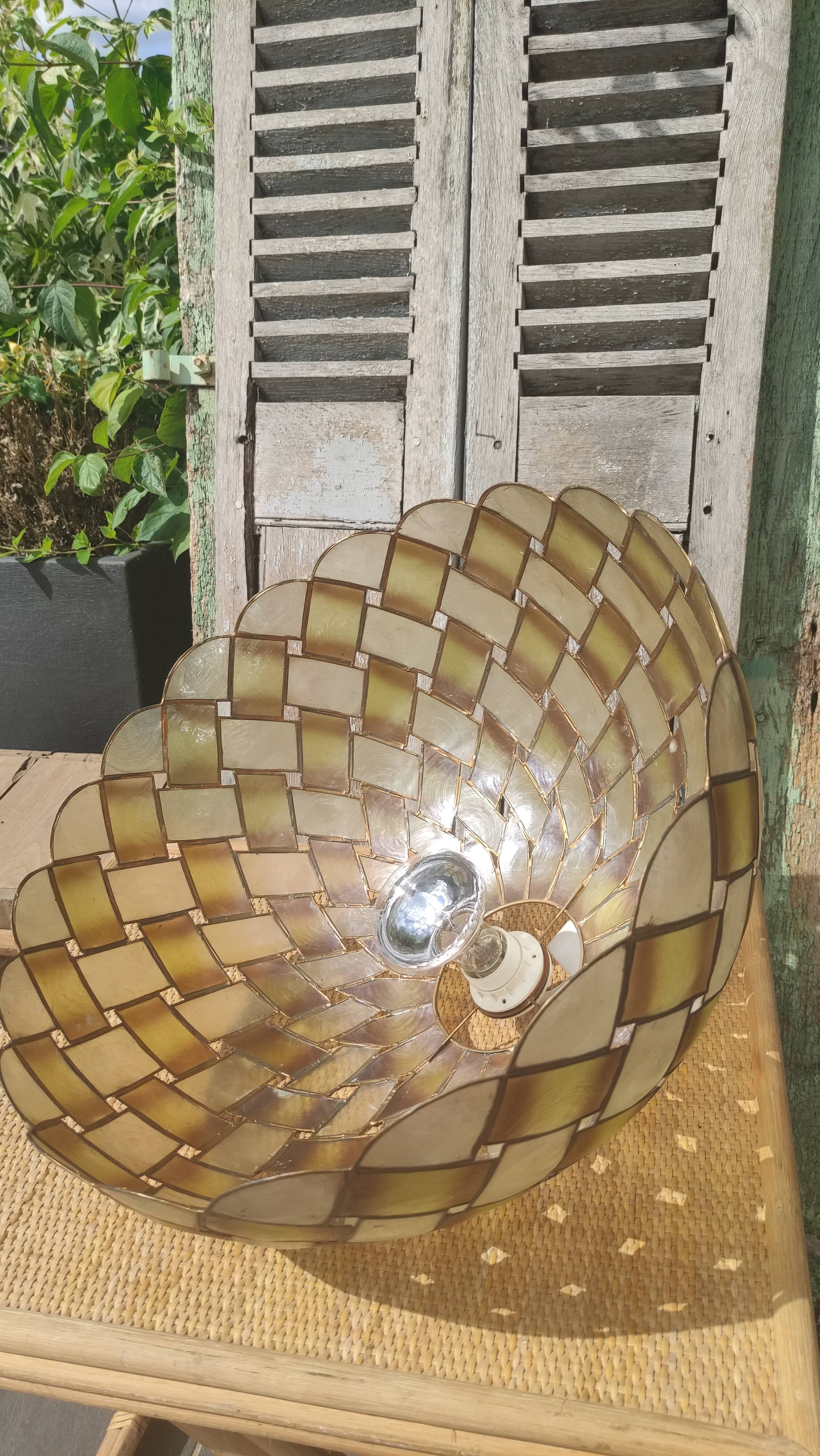 Large vintage pendant lamp in mother-of-pearl and brass