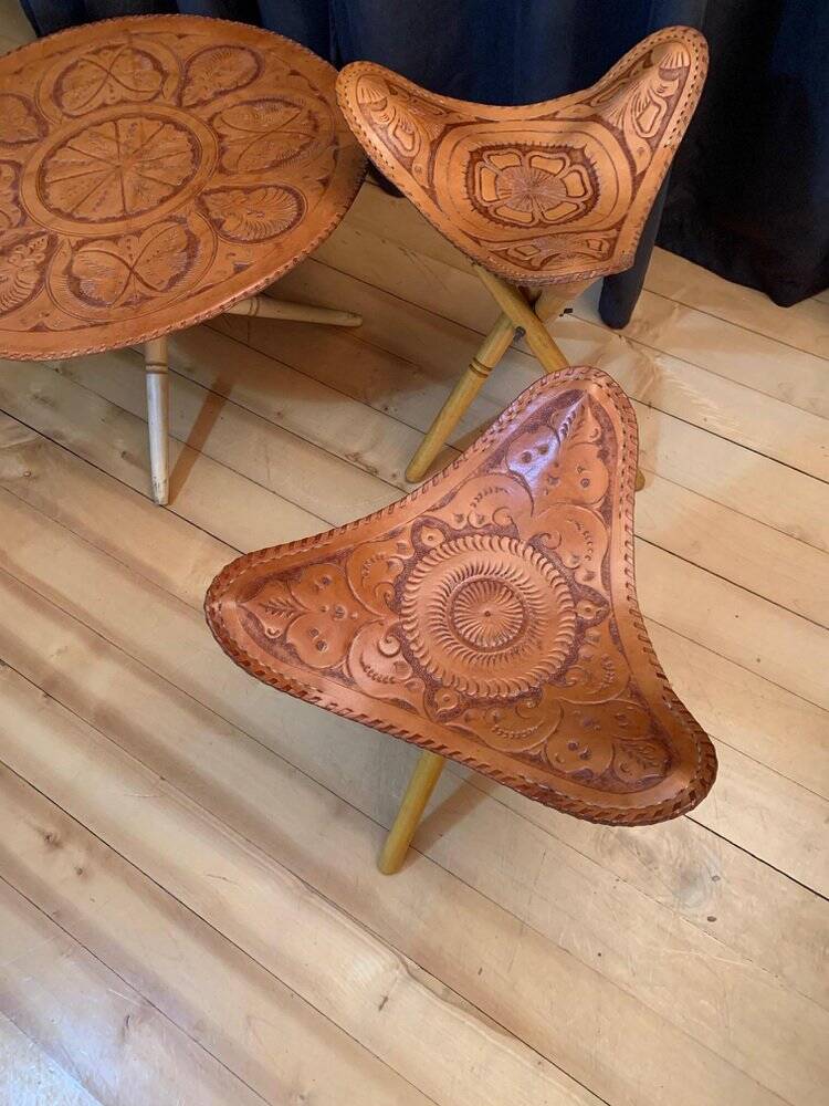 Safari stools & table set, 1970s, set of 5