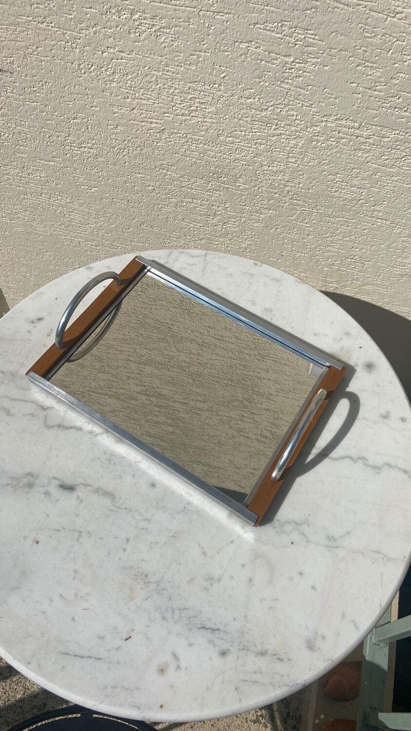 Chrome mirror tray and vintage wood 1940 / 50
