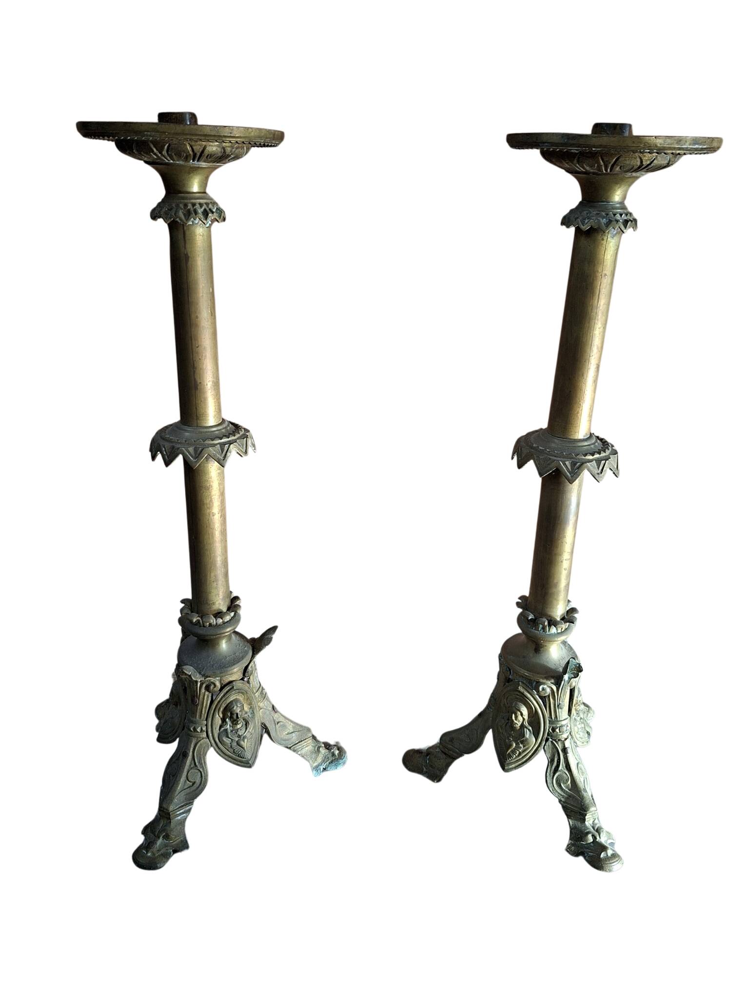 Coppia Candelabri d'Altare Antichi in BRONZO Stile Neogotico H 60 cm