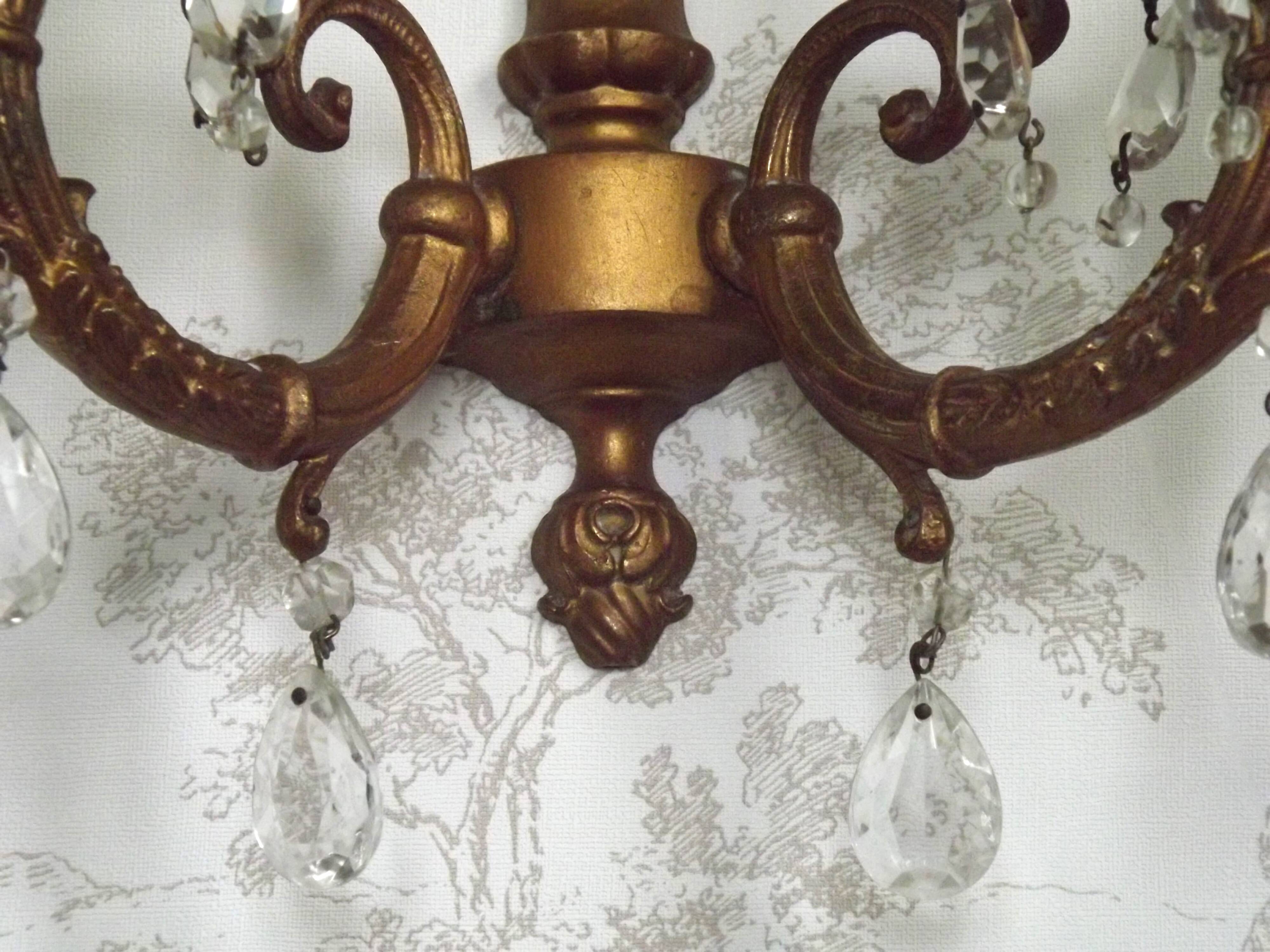 Pair French Vintage Bronze Double Wall Lights Assorted Crystal Drops 5352