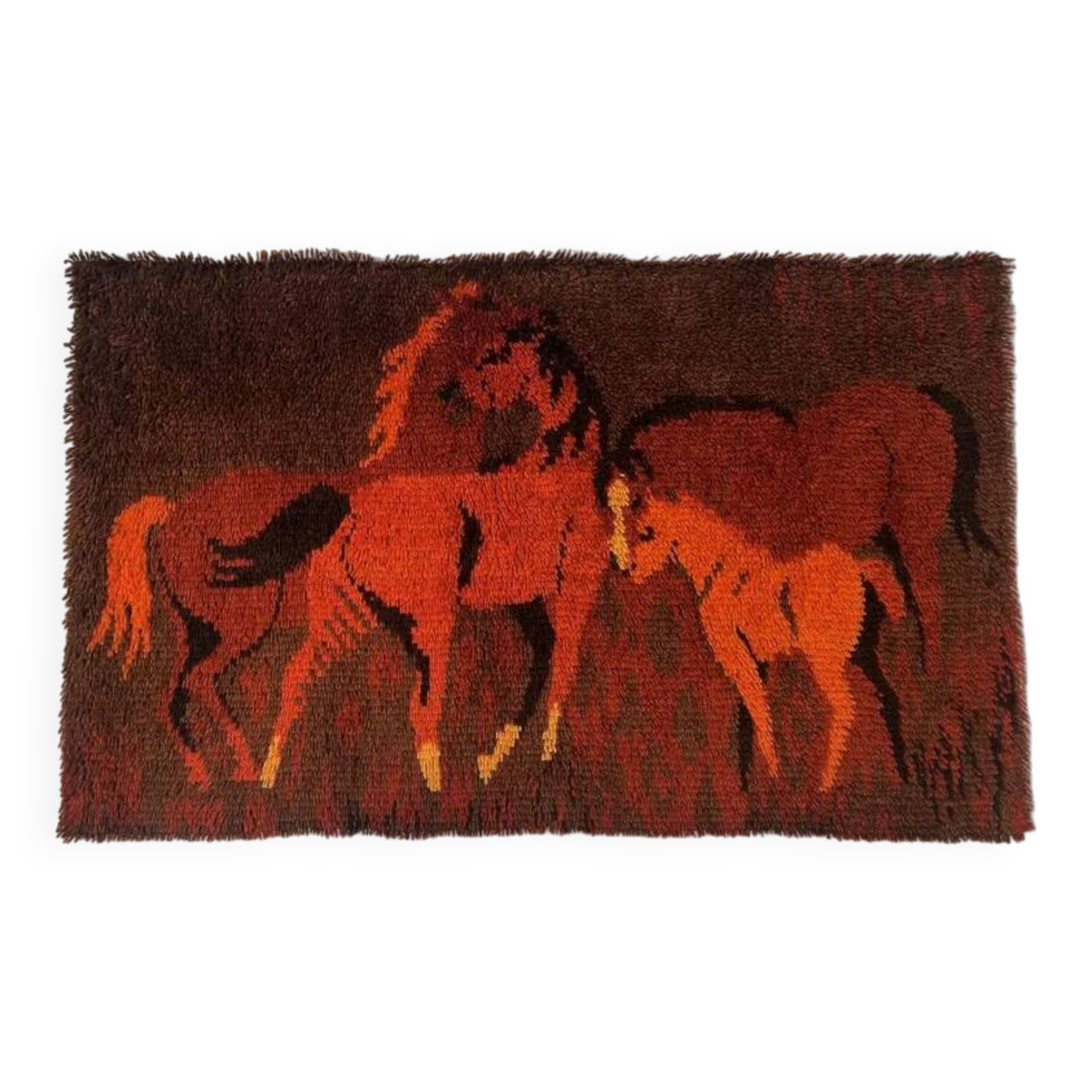 Tapis et tapisserie RYA vintage des années 1970 en marron et orange avec cheval