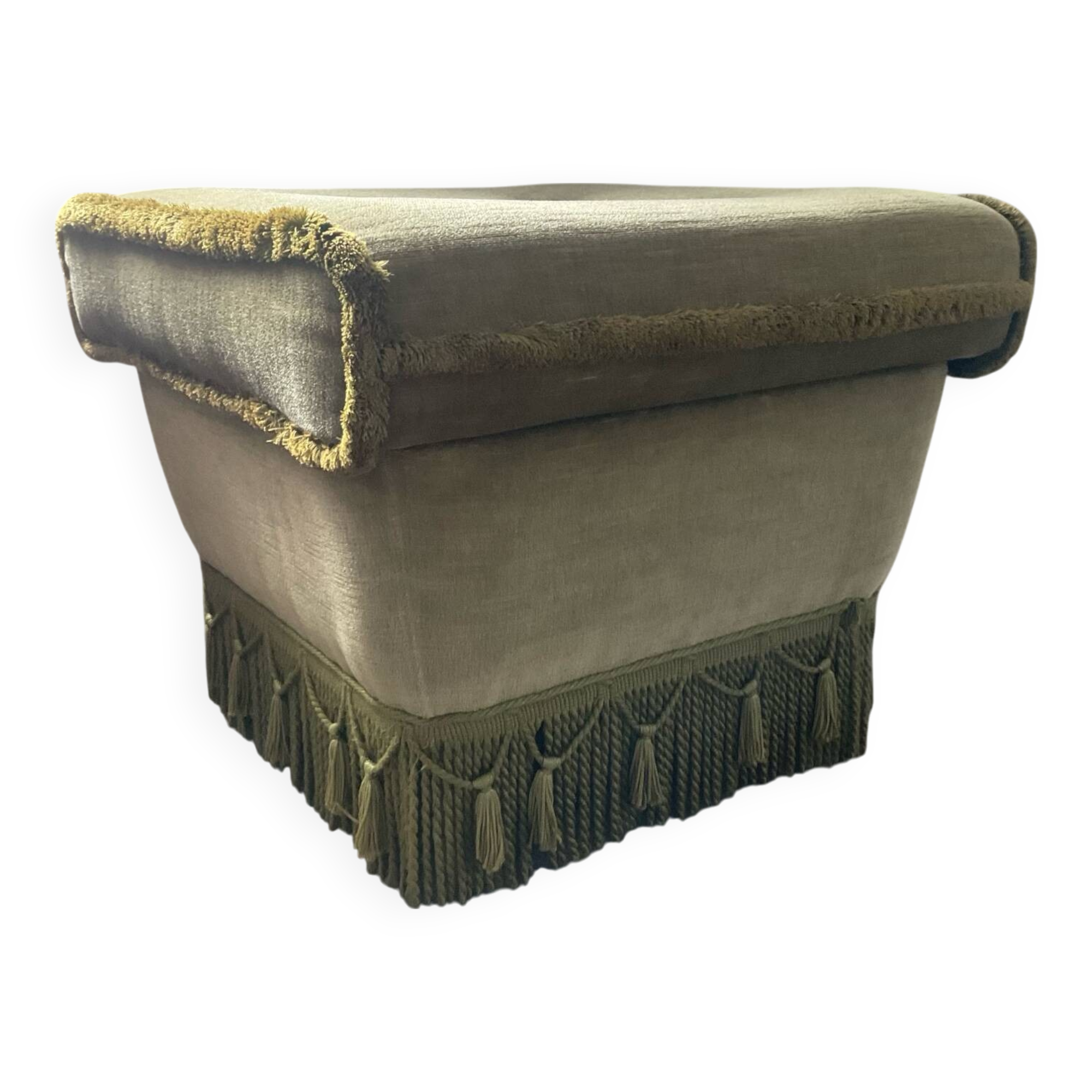 Pouf, ottoman XL vintage en velours vert à franges