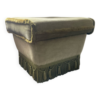 Pouf, vintage XL ottoman in green velvet with fringes