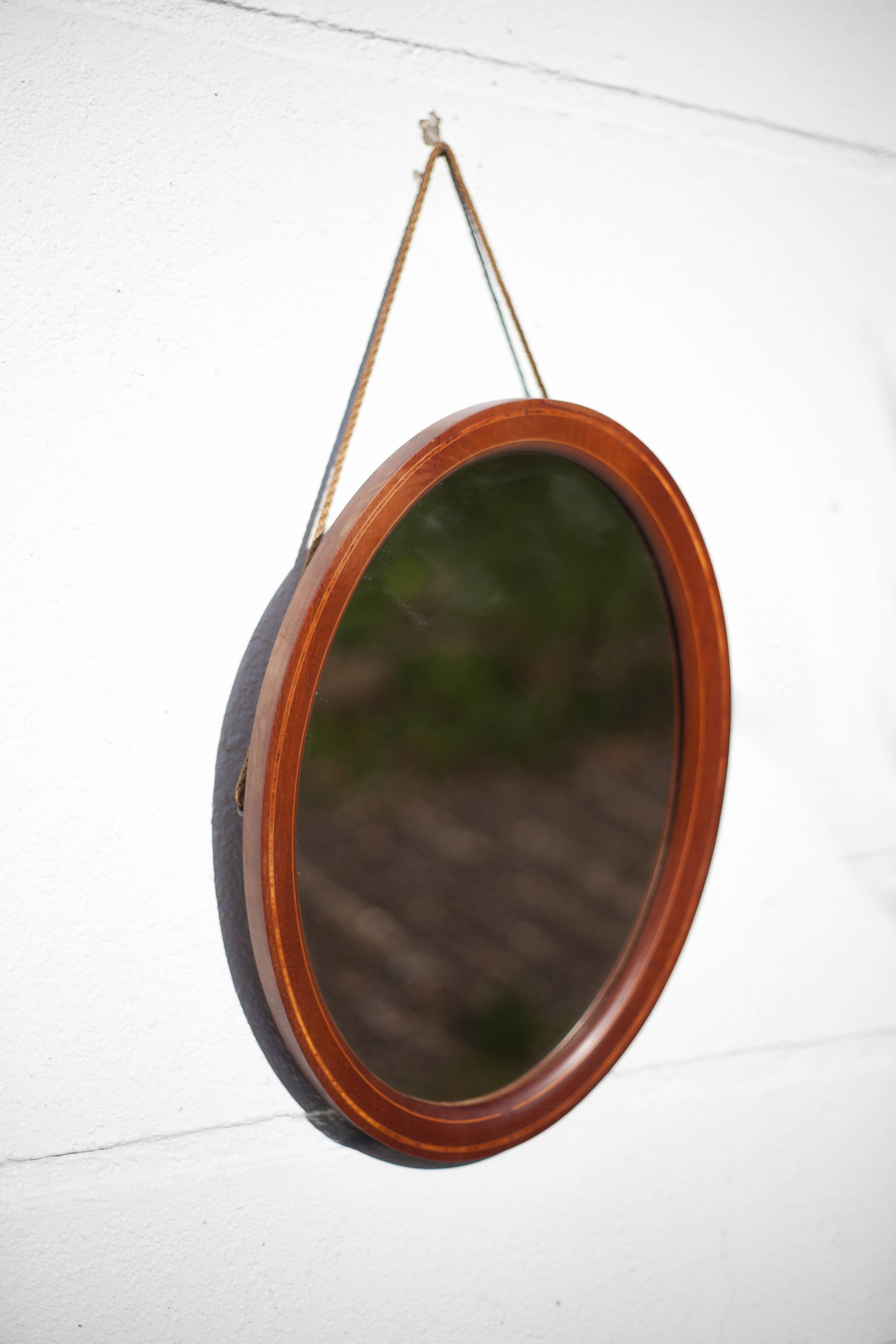 Miroir oval vintage, miroir à suspendre, miroir bois marqueté , miroir mural, décoration murale