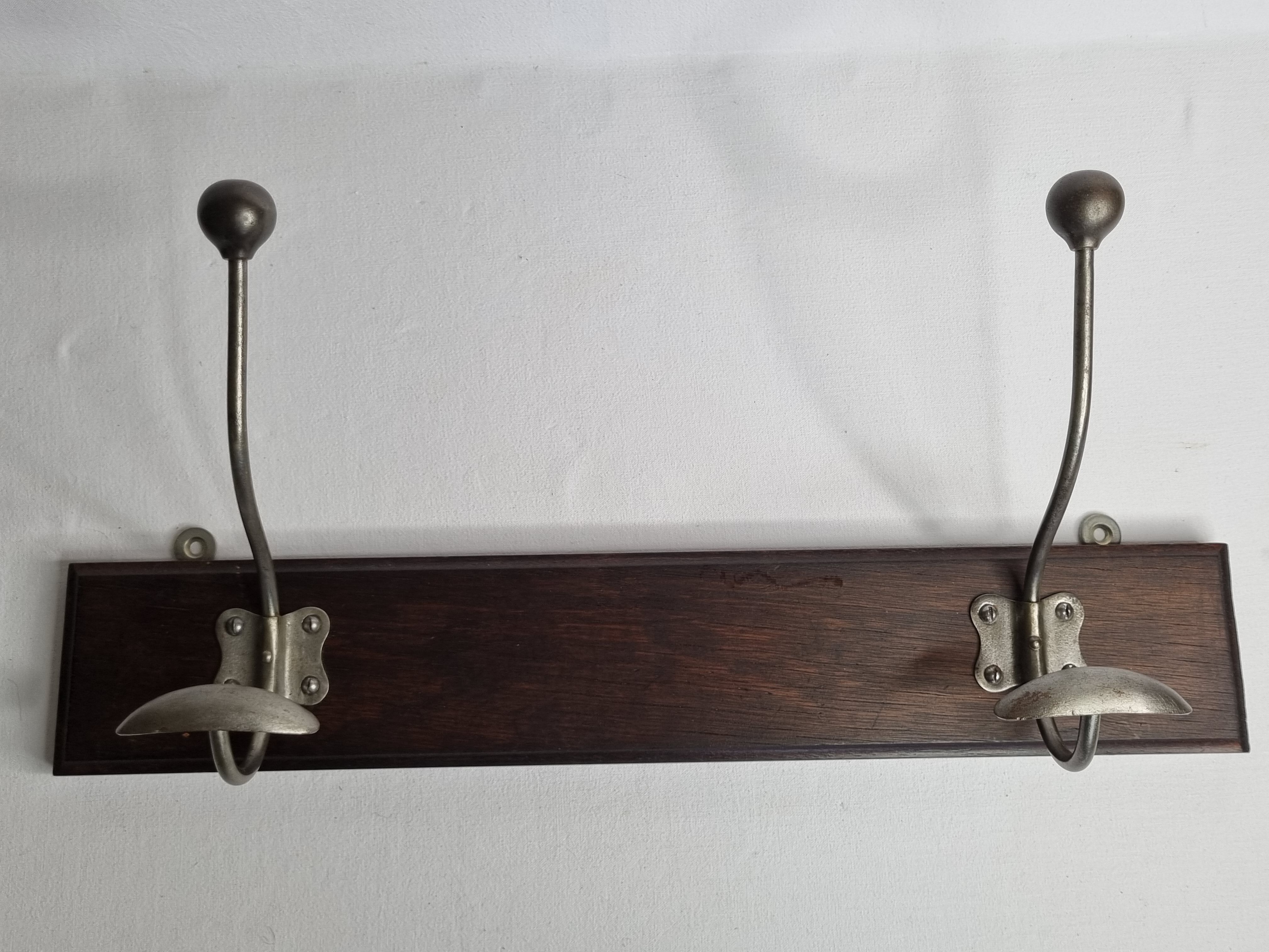 Wall coat rack, two double hooks, steel and wood, 50 cm