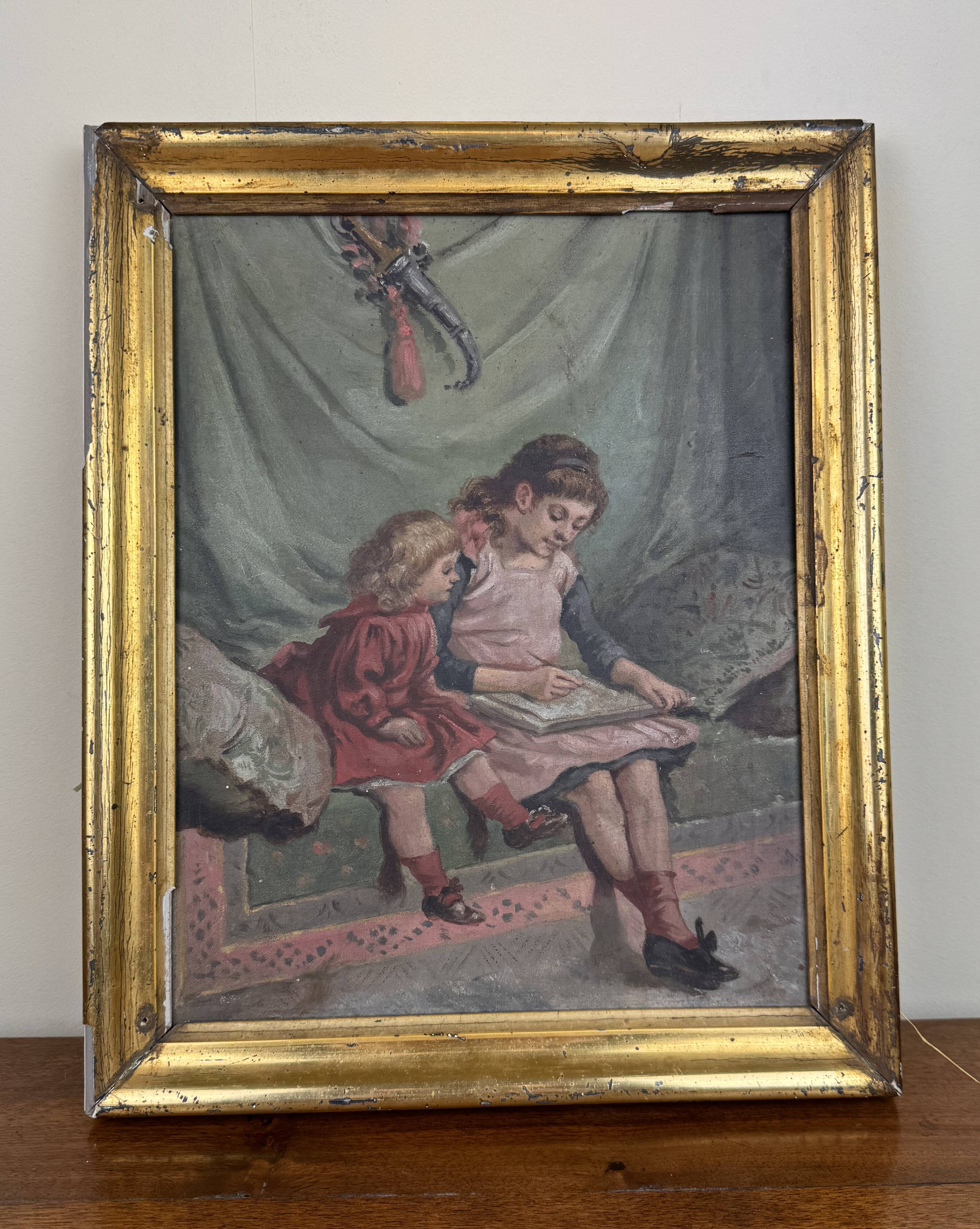 19th century French school: oil on panel "the drawing lesson" circa 1860