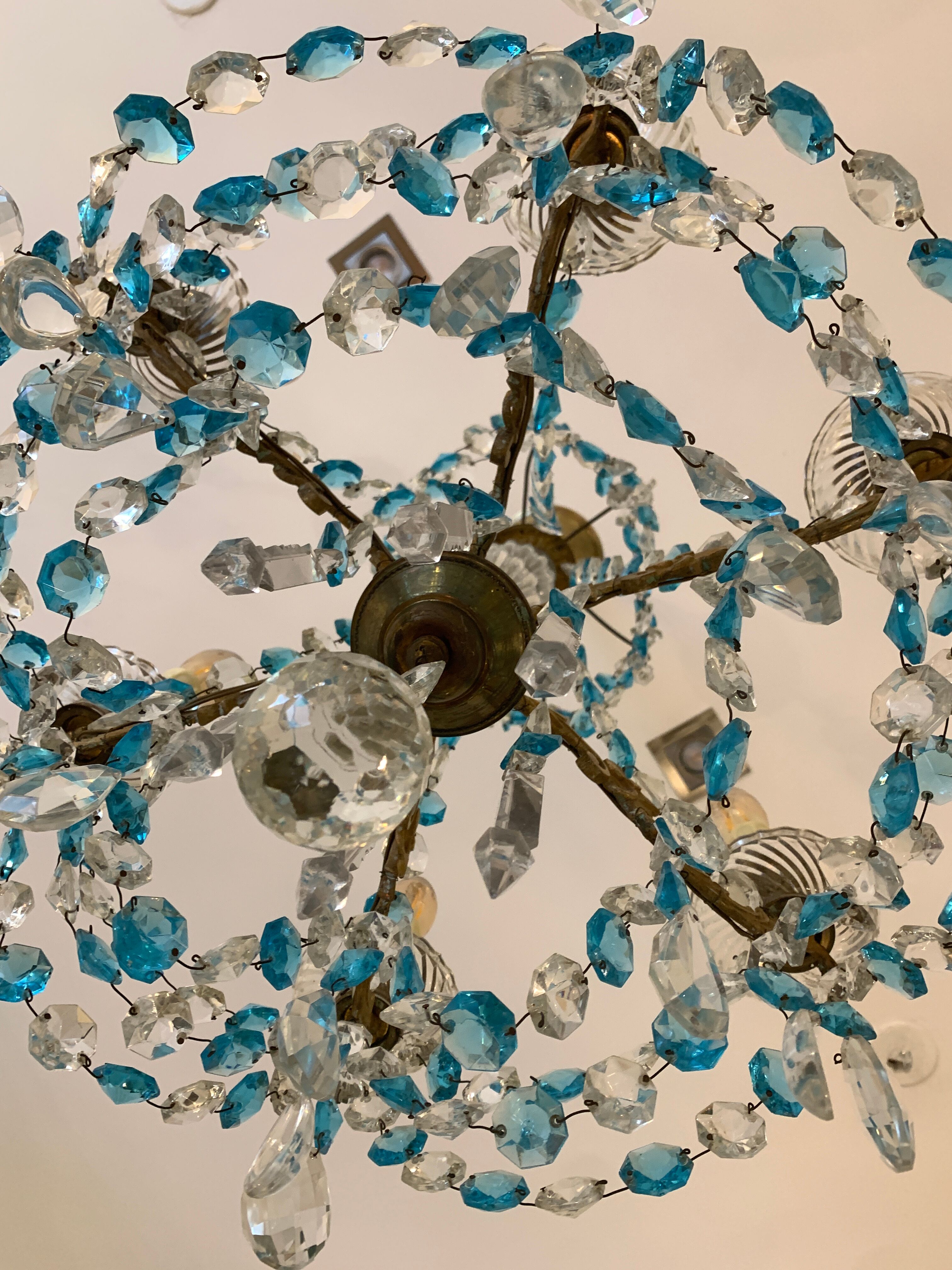 Chandelier with blue crystal pimples, 6 lights, Baccarat, 1950, art nouveau style