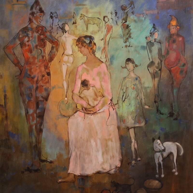 Italian painting, Family of Acrobats, dated 1981