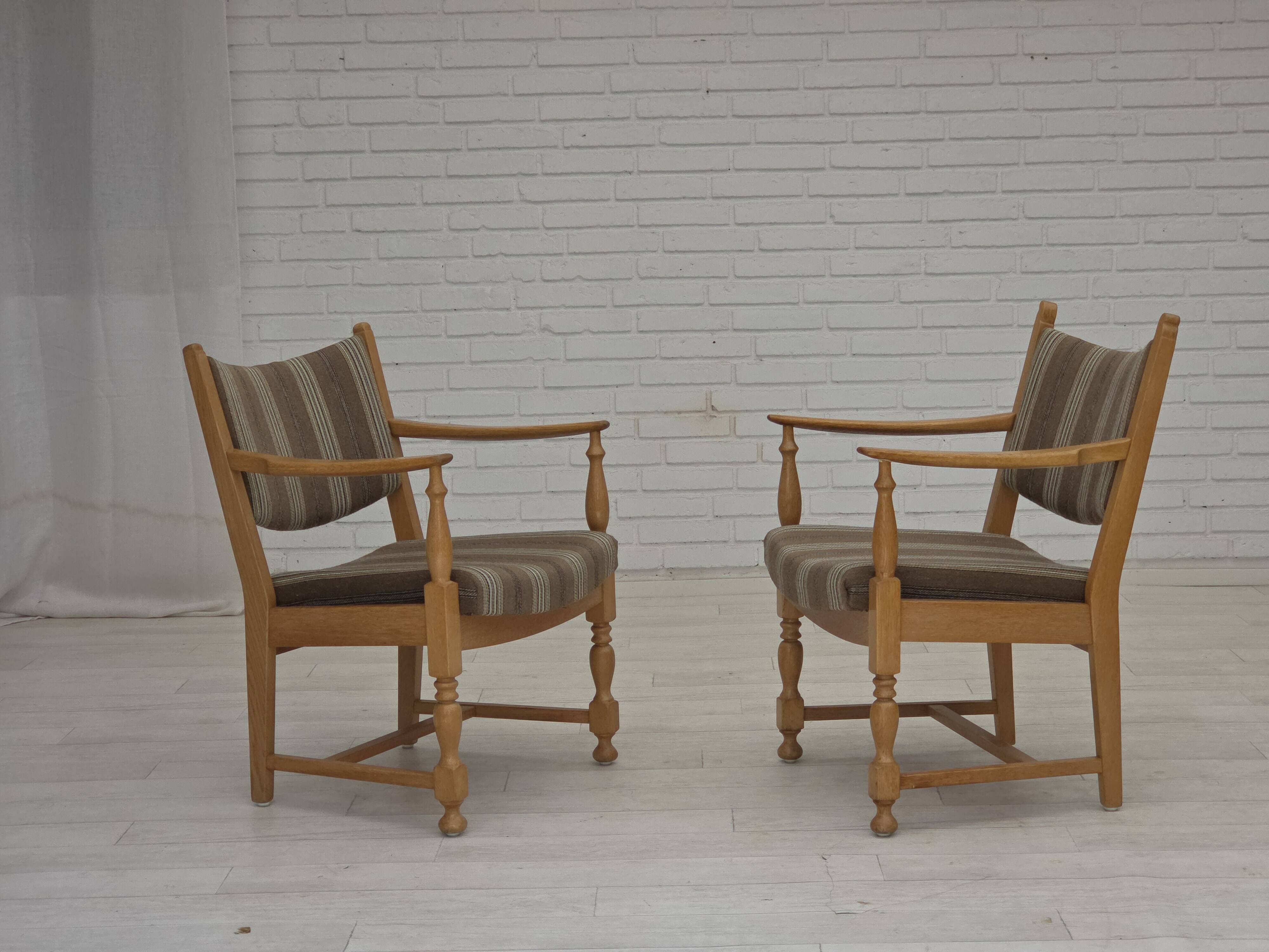 1970s, pair of Scandinavian armchairs, furniture wool, solid oak wood.
