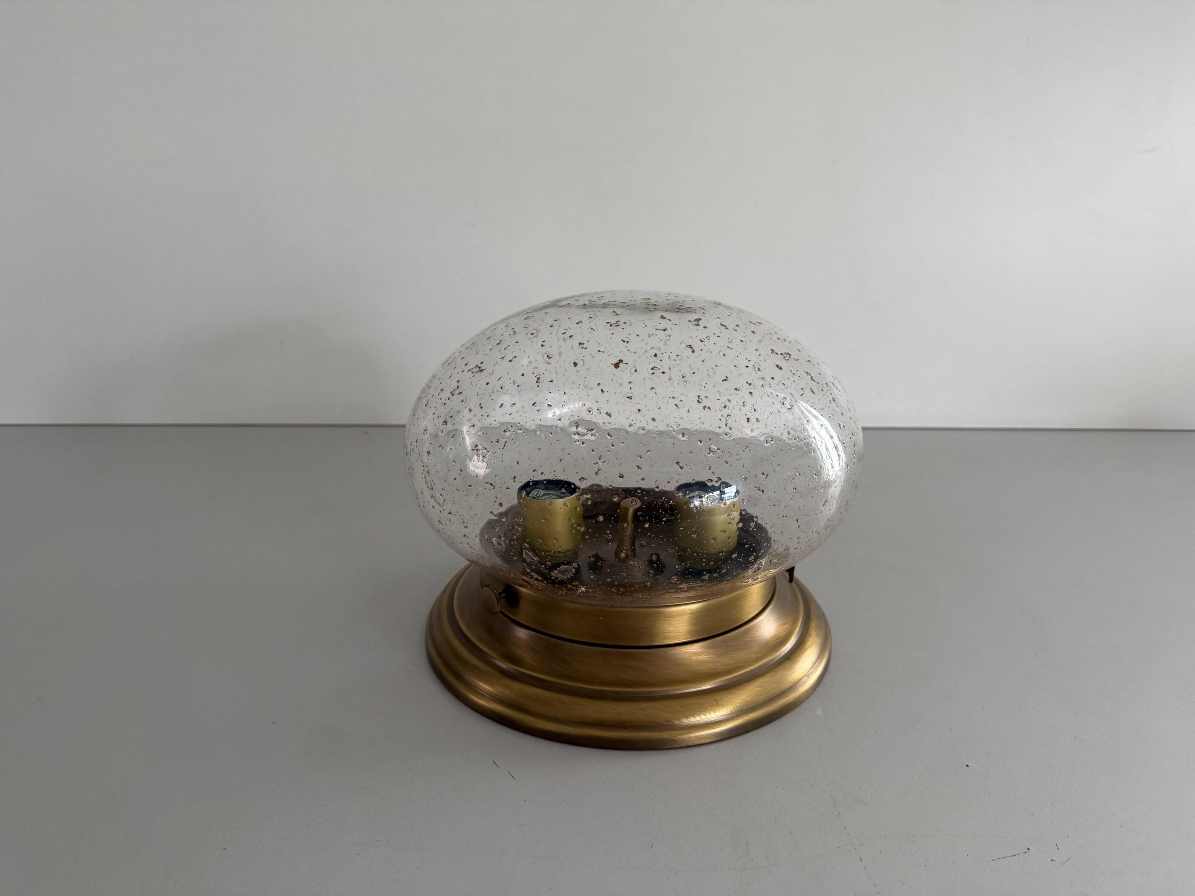 Flush glass shade with bubble pattern and brass base by Hillebrand, 1960s, Germany.