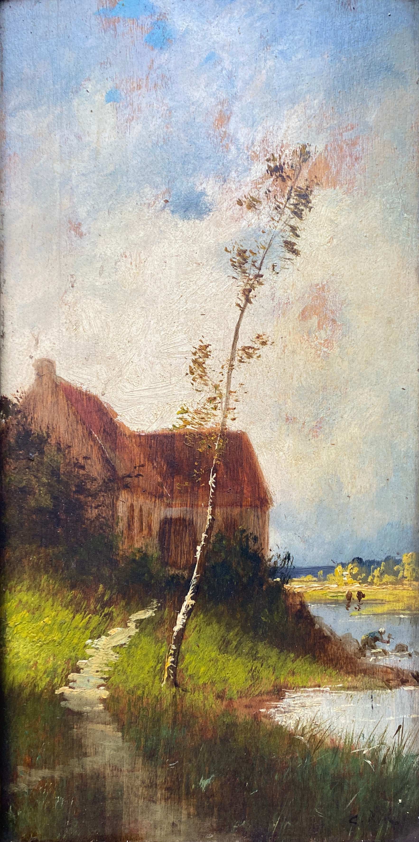 Nineteenth century painting HSP "Landscape with the river" signed + barbizon frame