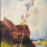 Nineteenth century painting HSP "Landscape with the river" signed + barbizon frame