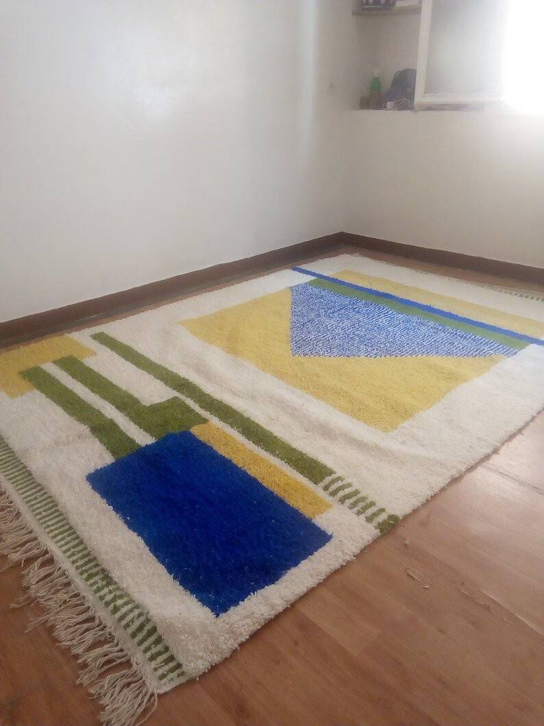 Tapis berbère tissé - motif bleu et jaune - tapis marocain fait main - 300x210 cm