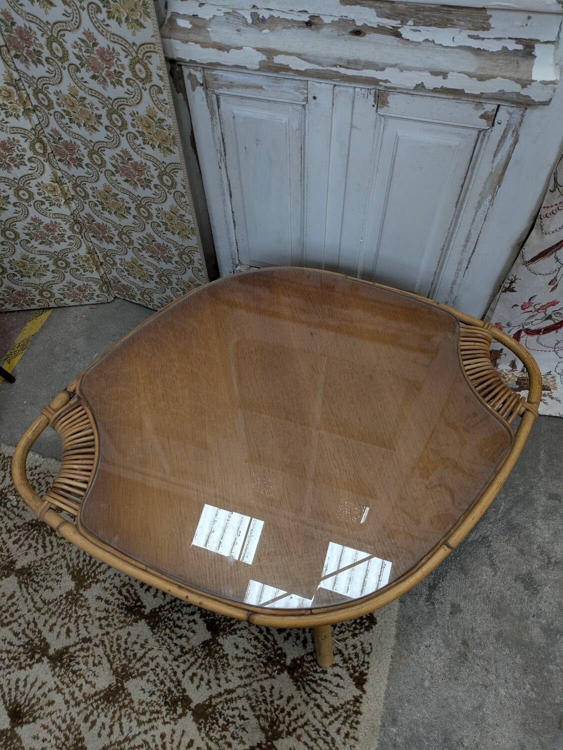 Rattan and glass coffee table