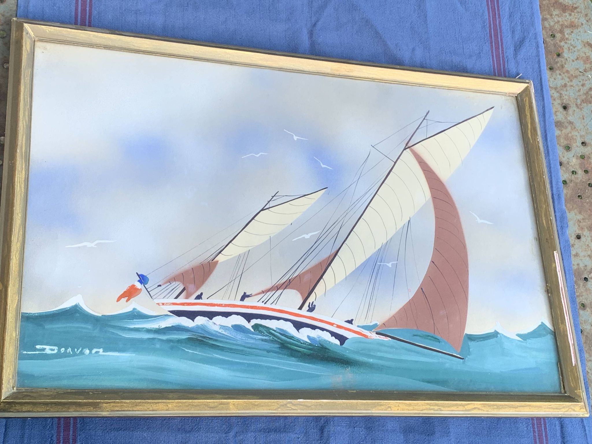 Tableau peinture marine, voilier signe Dorvom, encadre, vintage