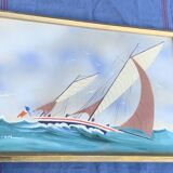 Marine painting, sailboat signed Dorvom, framed, vintage