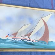Tableau peinture marine, voilier signe Dorvom, encadre, vintage