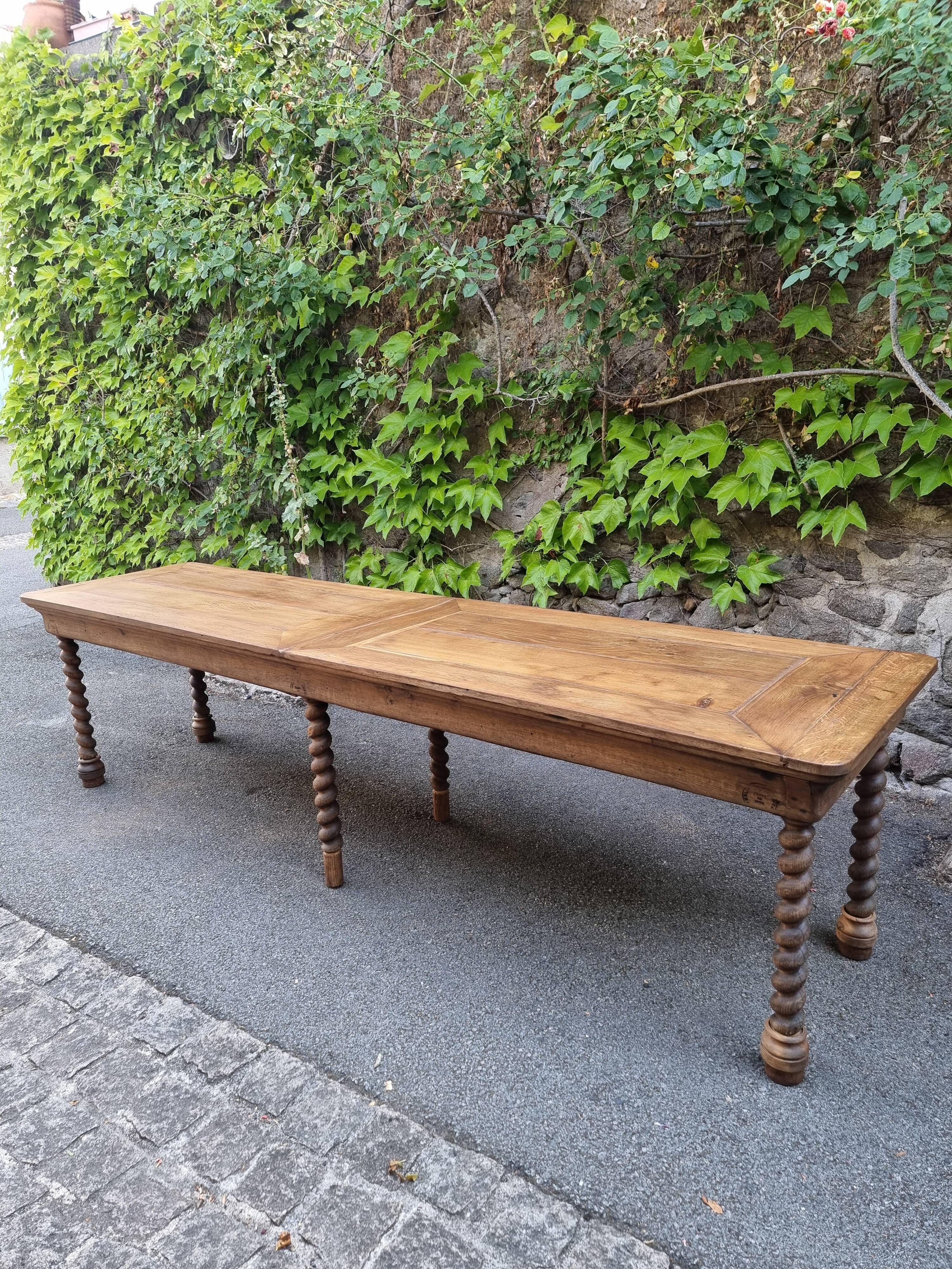 Antique French draper's table in oak, shop counter, work table, 6 feet, circa 1750–1850.