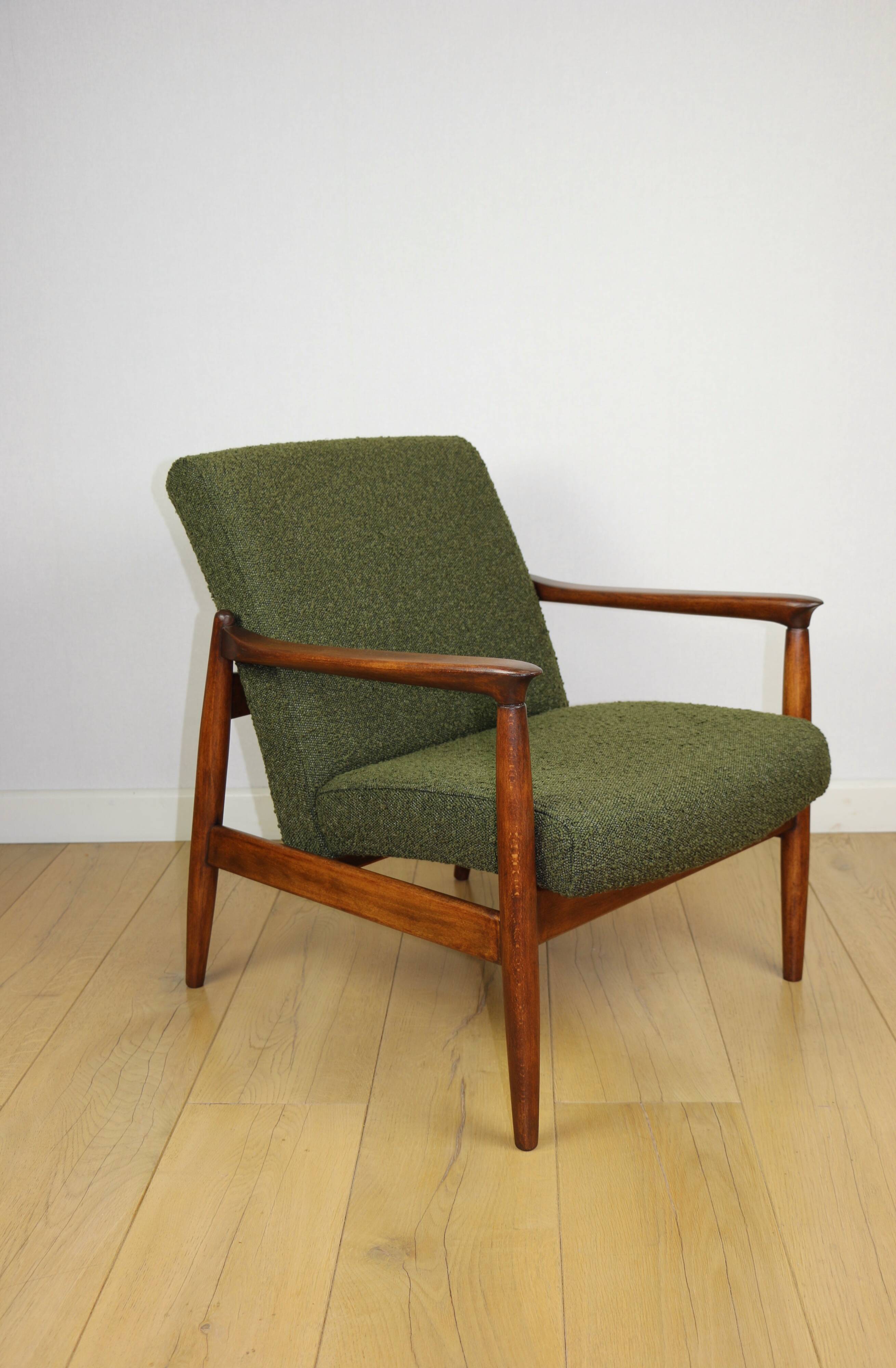 GFM-64 armchair, design by Edmund Homa from the 60s, olive green boucle - 2 pieces available