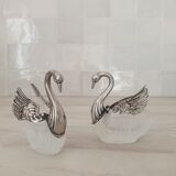 Two frosted glass swan salt cellars with silver plating.