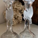 Pair of candlesticks, dove decor, in glass
