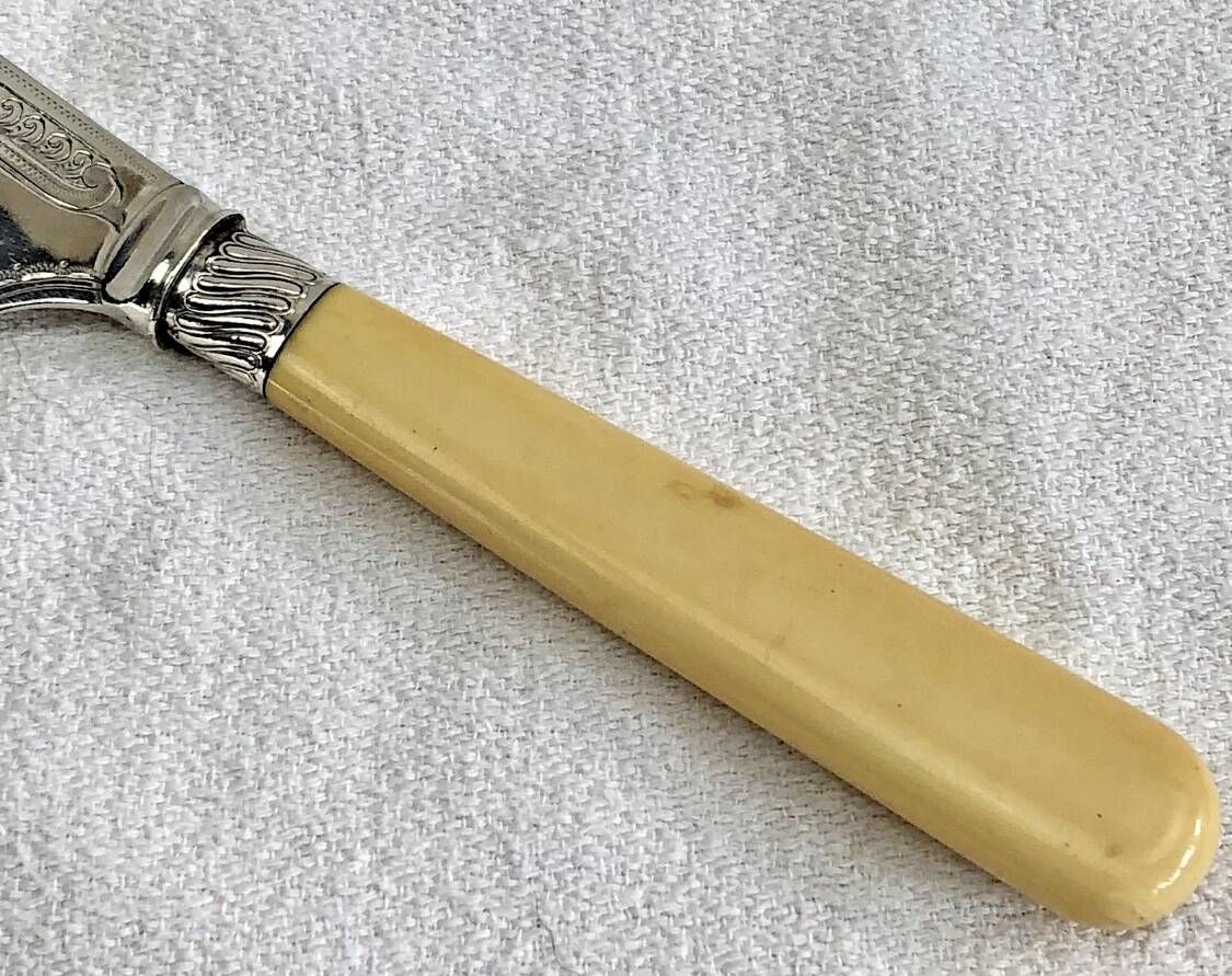Antique Victorian fish serving cutlery, bone and silver-plated metal