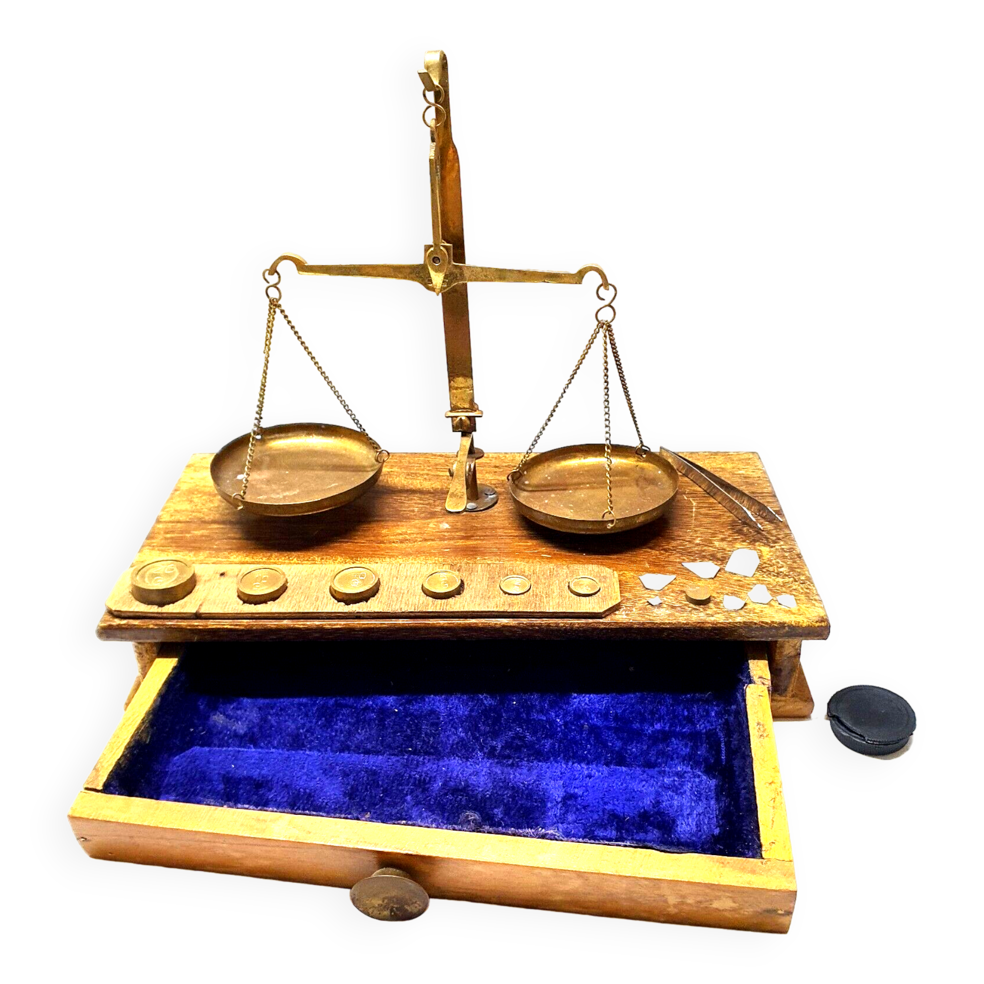 Trebuchet scale complete travel in jeweler box ... Brass wood