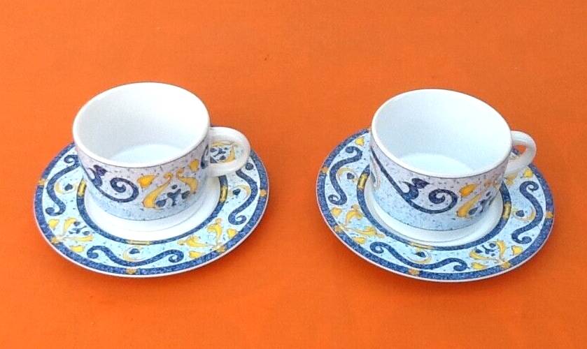 Two Real Stoneware Coffee Cups / Saucers