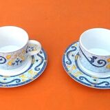 Two Real Stoneware Coffee Cups / Saucers