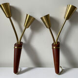 Pair of scandinavian midcentury wall lights sconces in brass & teak