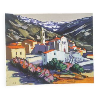 The perched village original hand-signed lithograph Jean-Claude Quilici