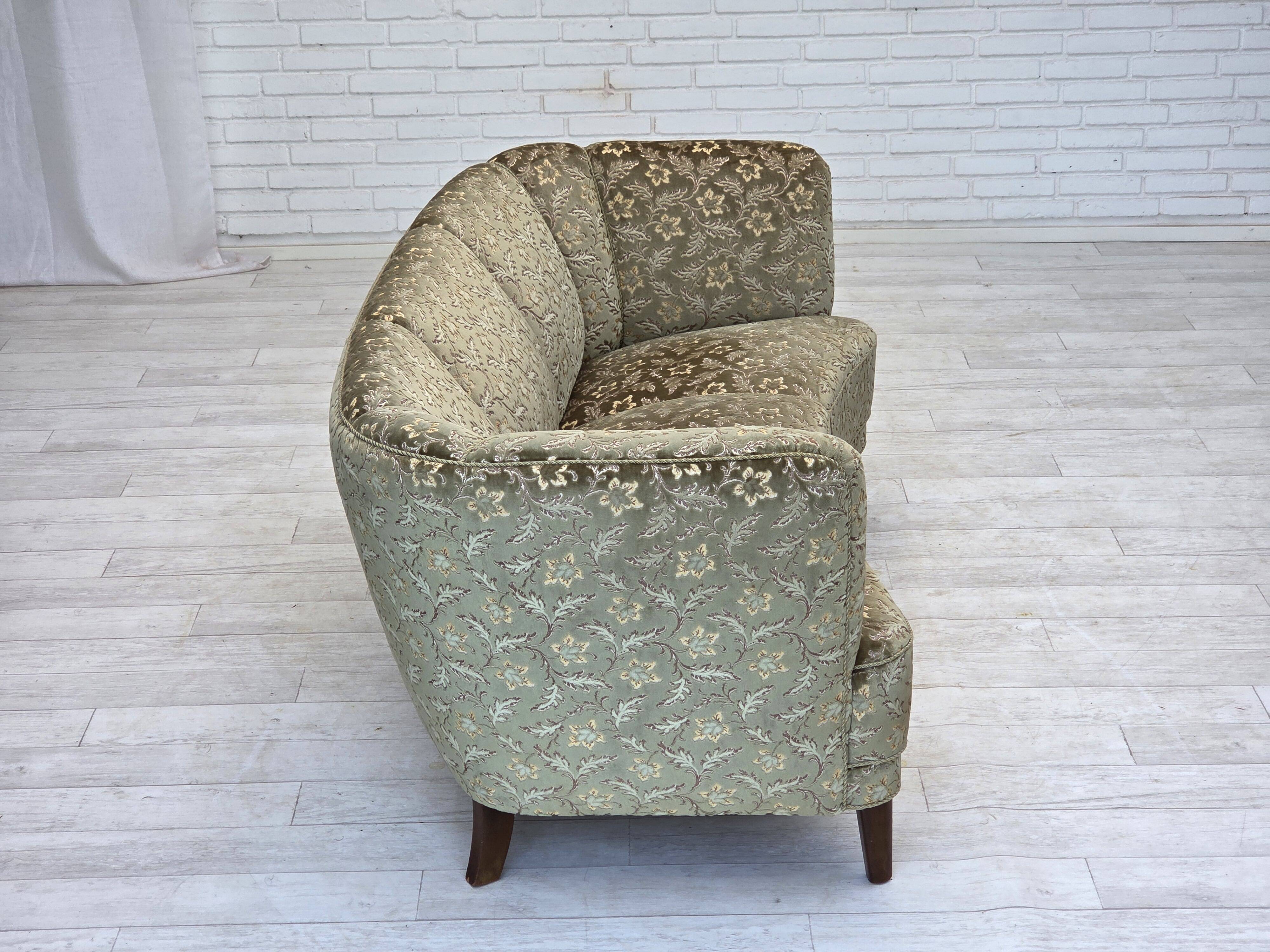 1960s, Danish 3-seater curved sofa, furniture velour, beech wood legs.