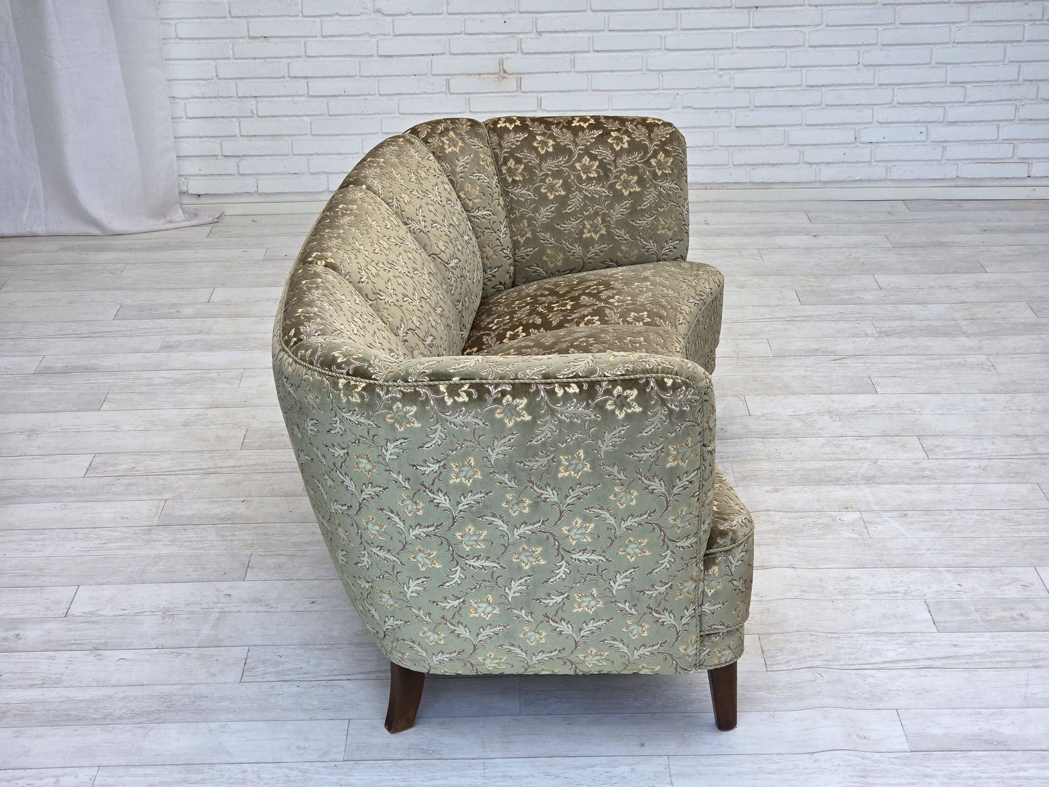 1960s, Danish 3-seater curved sofa, furniture velour, beech wood legs.