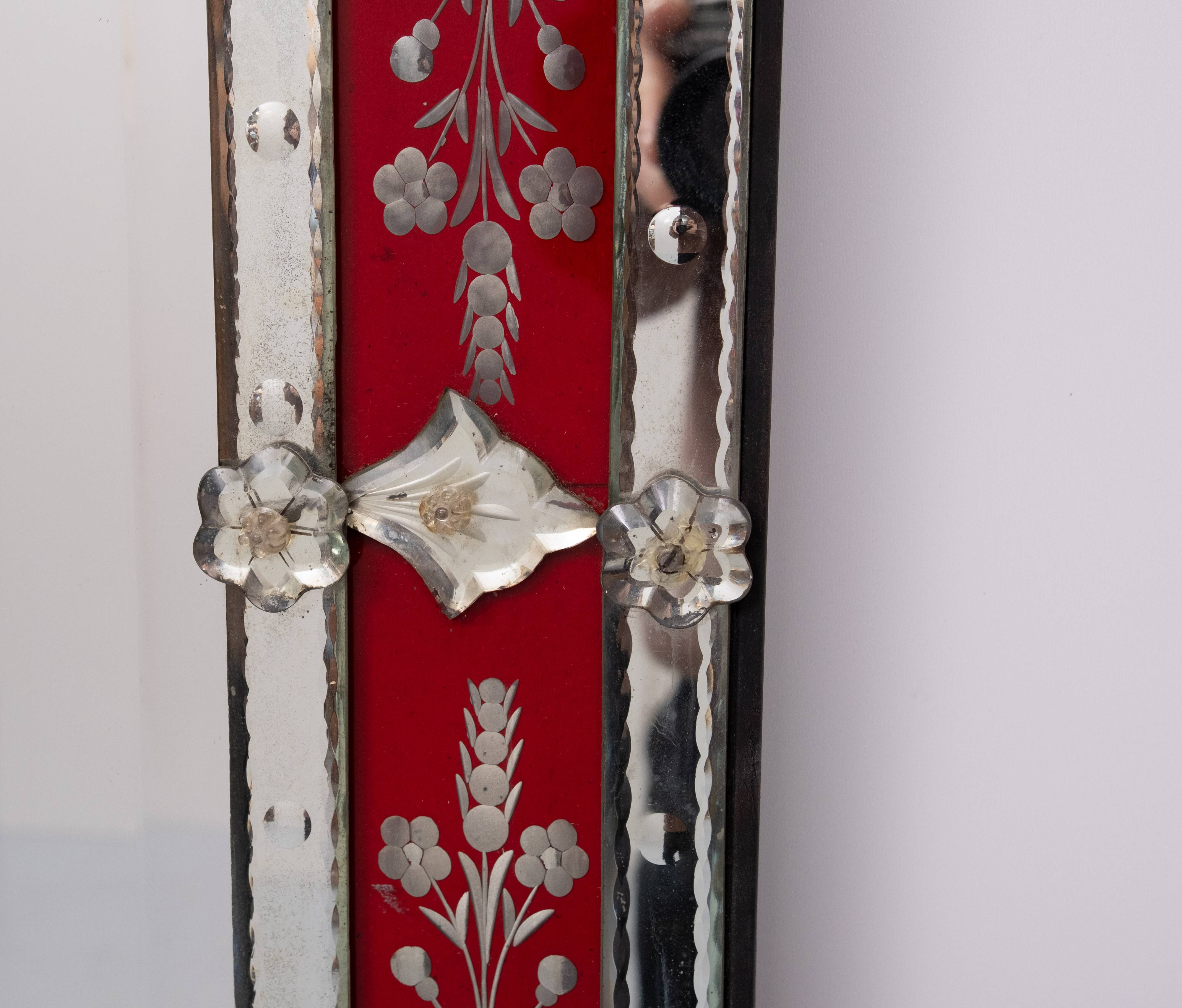 Large Vintage Venetian Red Glass Etched Wall Mirror