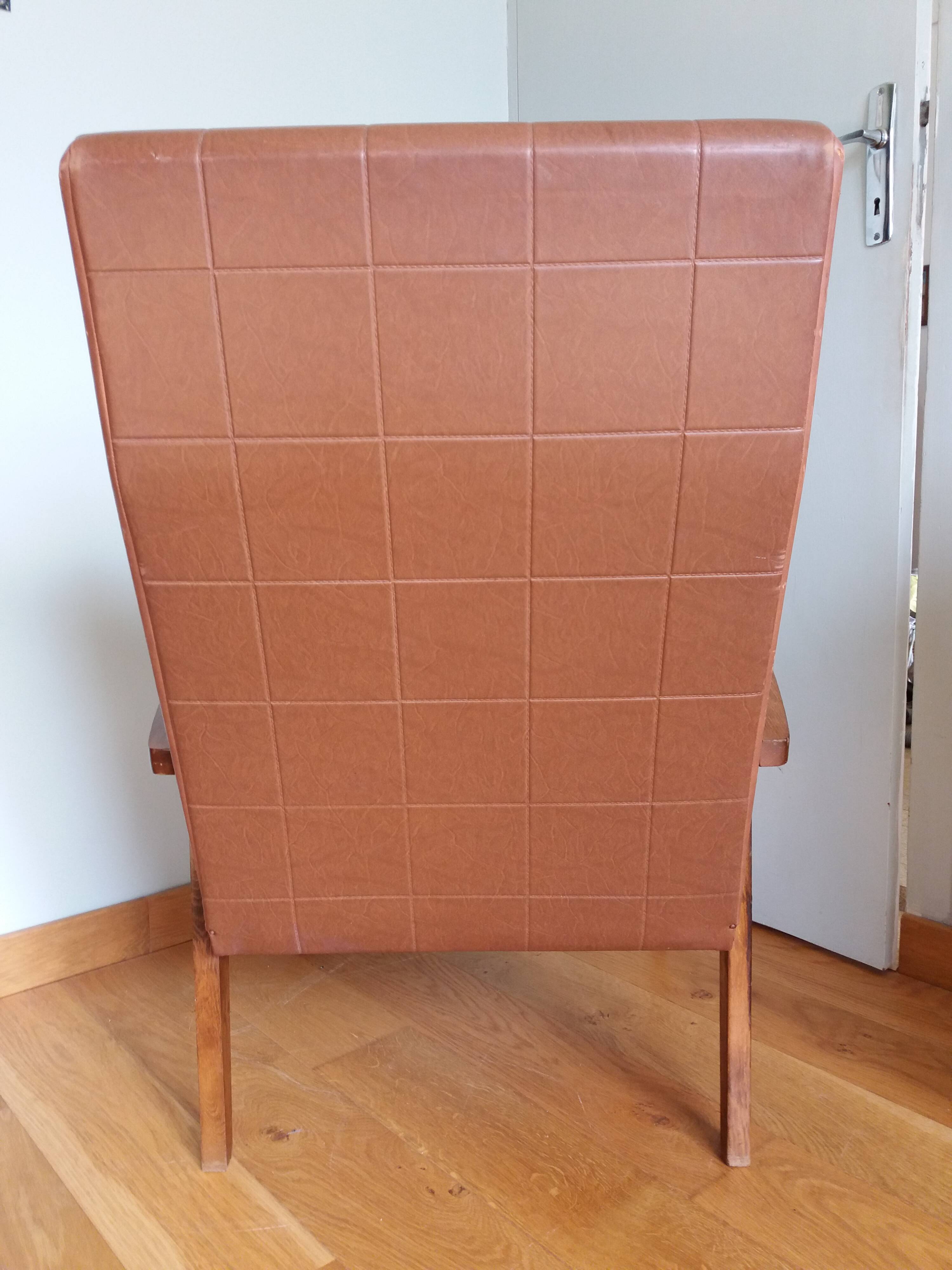 Scandinavian armchair in brown leatherette and wood