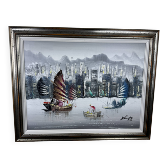 Grande huile sur toile tableau vintage peinture Japonisante