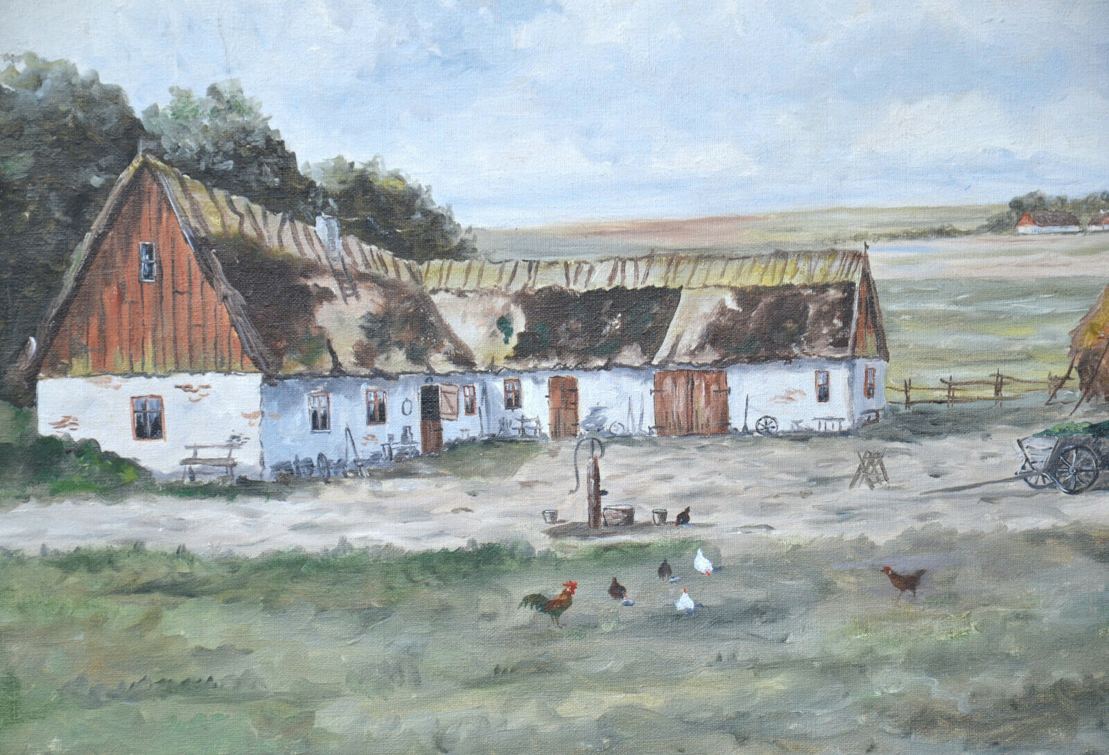 Mid 20th Century Landscape Oil Painting On Canvas, Farm Motif Signed R.Lundkvist