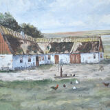 Mid 20th Century Landscape Oil Painting On Canvas, Farm Motif Signed R.Lundkvist