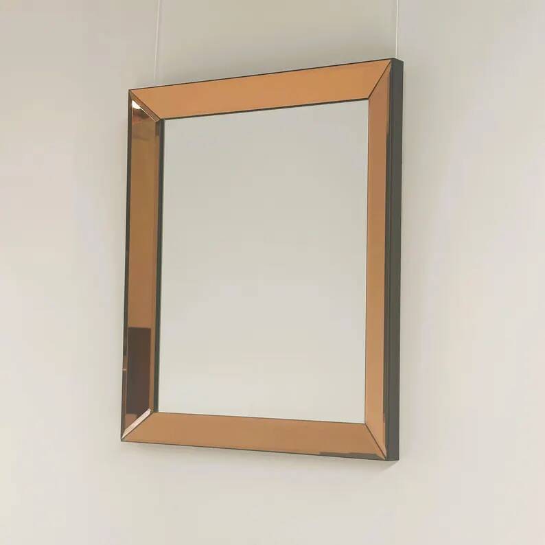 Vintage Peach/Rose Smoked Mirror – Beveled Frame, 1970s