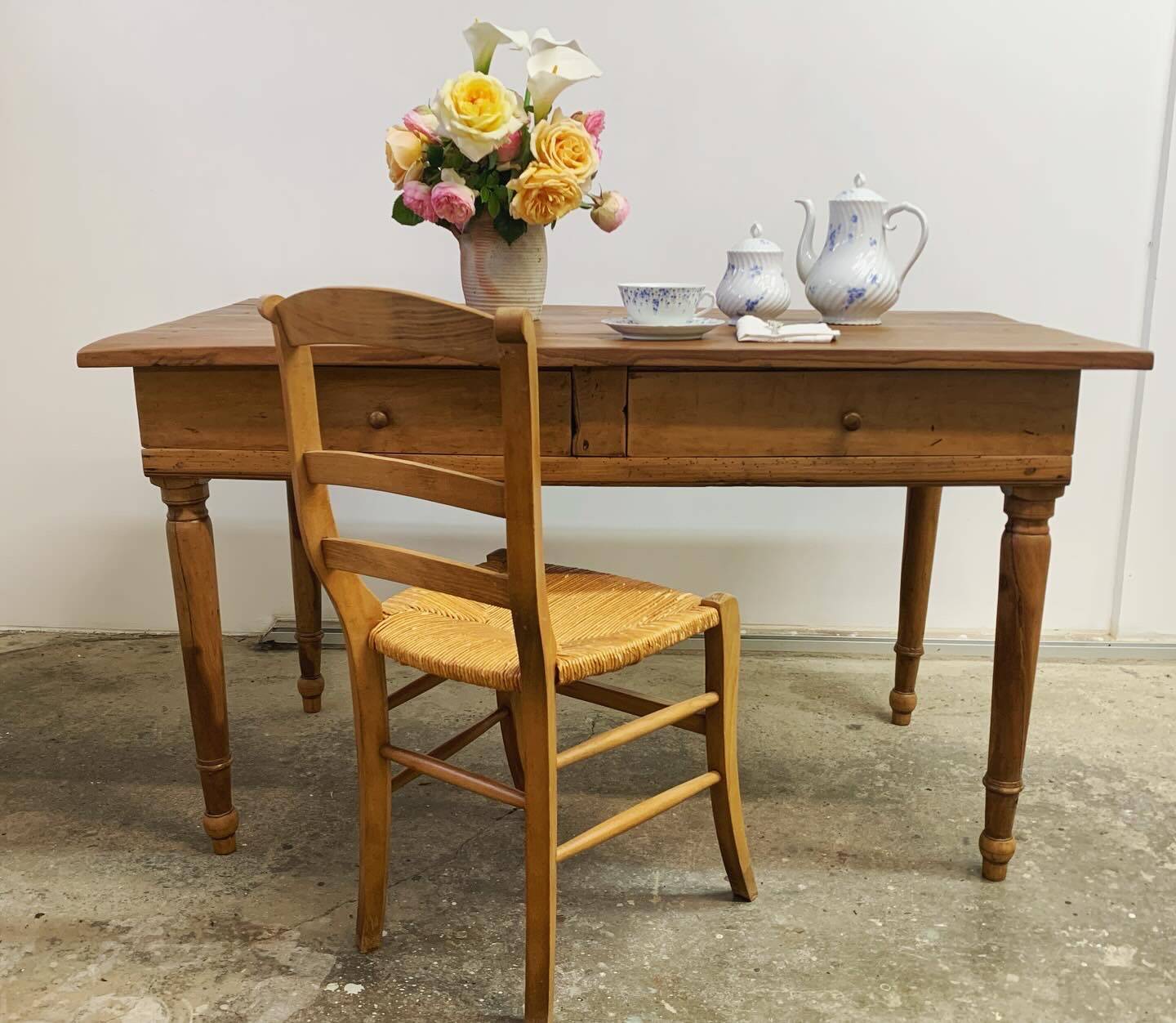 Old walnut farm table with pulls