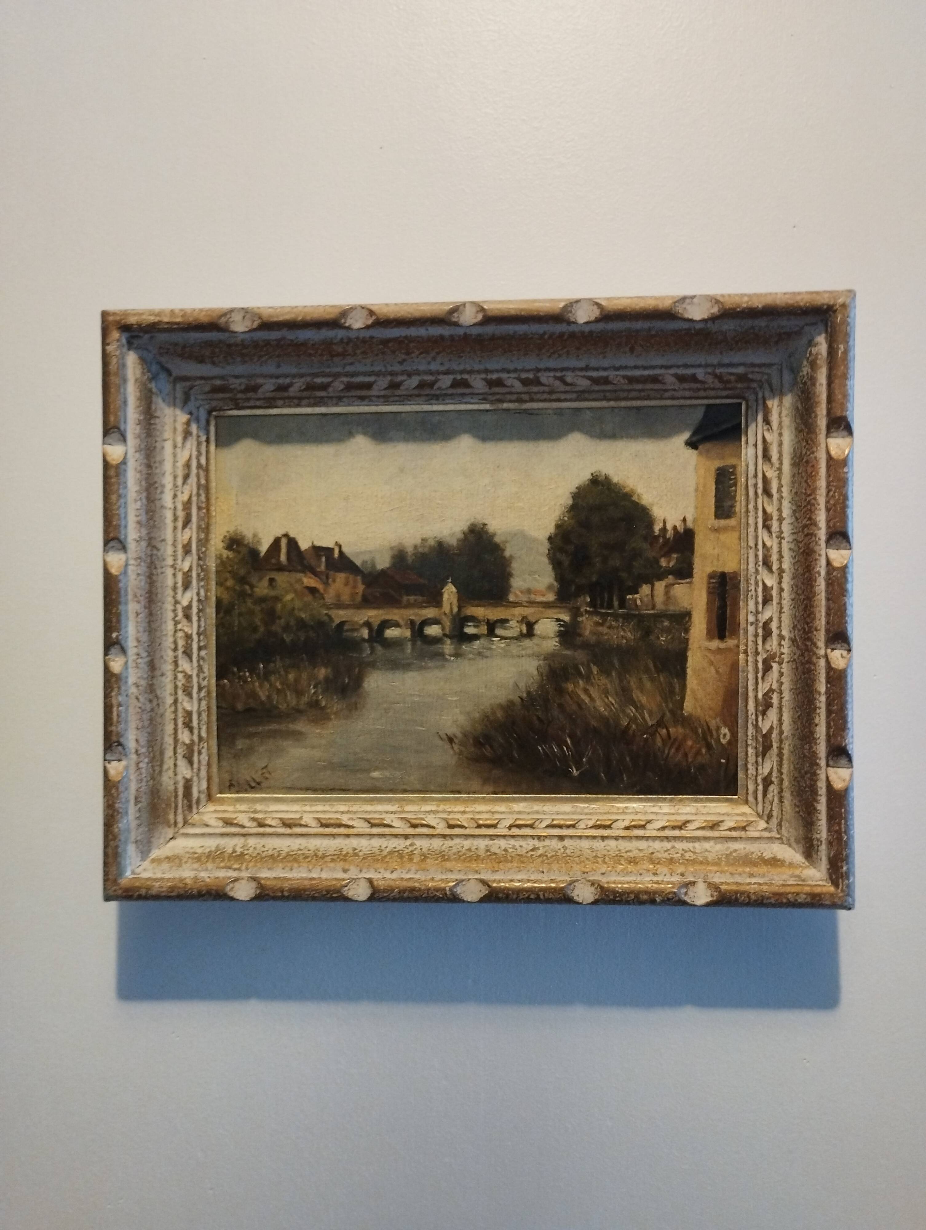 Landscape painting, old oil on cardboard framed signed GILLET.